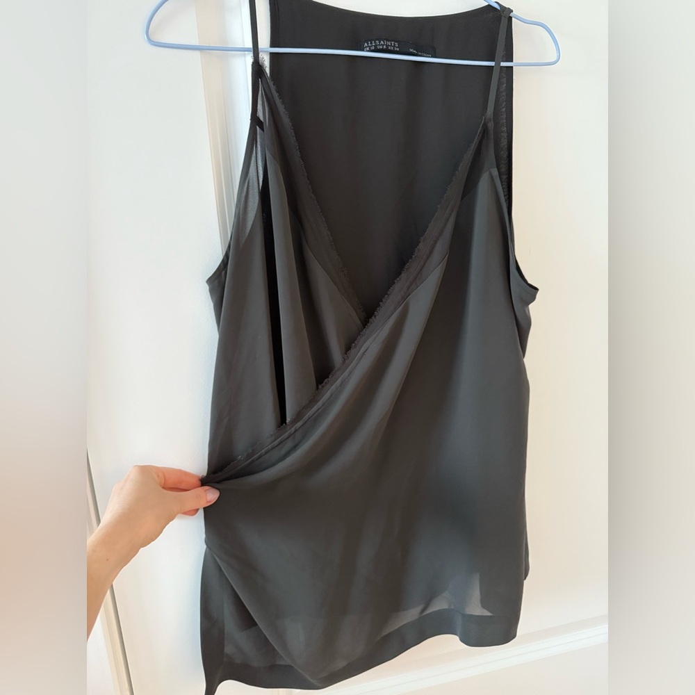 AllSaints Sheer Black Spaghetti Tank With Frayed Details Size 4 Small